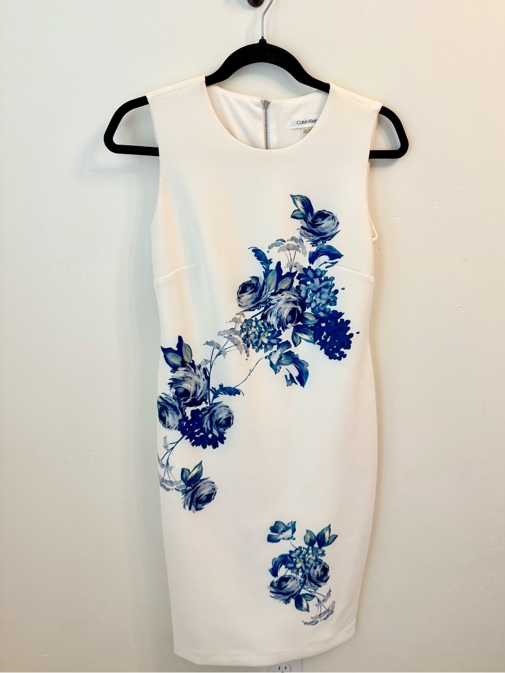Calvin Klein Cream Sheath Dress with Blue Floral Motif